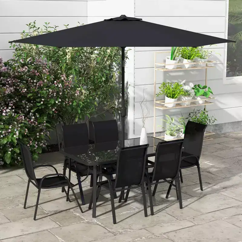 Outsunny 8 Piece Patio Furniture Set with Umbrella, Outdoor Dining Table and Chairs, 6 Chairs, Push Button Tilt and Crank Parasol, Glass Top
