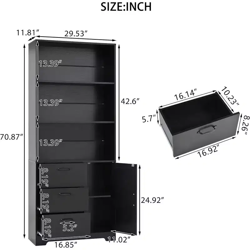 6-Tier Bookshelf with Door and 3 Drawers, 71 H Tall Bookcase with 3-Tier Open Shelves, Wooden Book Shelf w/Storage Cabinet for Home Office