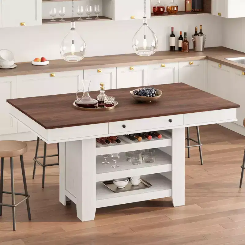 Counter Height Dining Table for 4-6, Bar Height Tall Dining Table with Deepened Wine Rack, with 2 Drawer & Shelves, Large Table Top for Kitchen, Bar