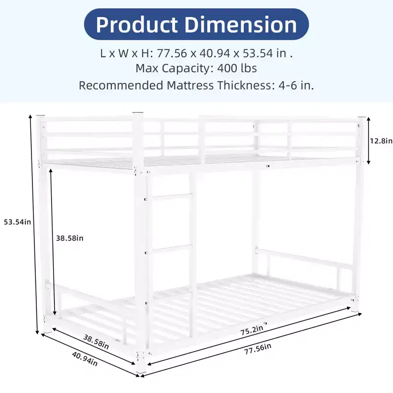 Metal Twin over Twin Bunk Bed, Heavy-duty Sturdy Metal, Noise Reduced, Safety Guardrail, No Box Spring Needed, White