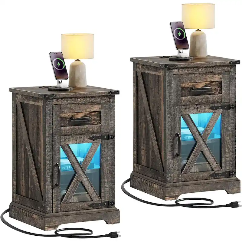 Moasis Set of 2 End Table with Drawer and Power Outlet, LED Light Side Table with Charging Station
