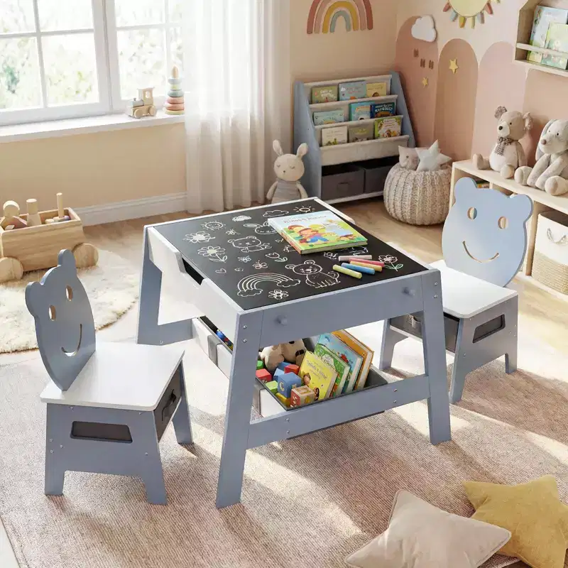 Costway 5-in-1 Kids' Table & Chair Set with Chalkboard, Whiteboard, 3 Storage Bins, 4 Hooks Gray + White/Natural + White + Orange