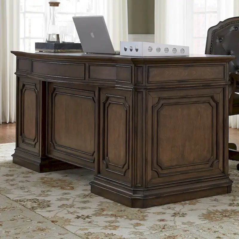 Antique Toffee Traditional Jr. Executive Desk with 7 Drawers and Locking File Drawers – Single Unit