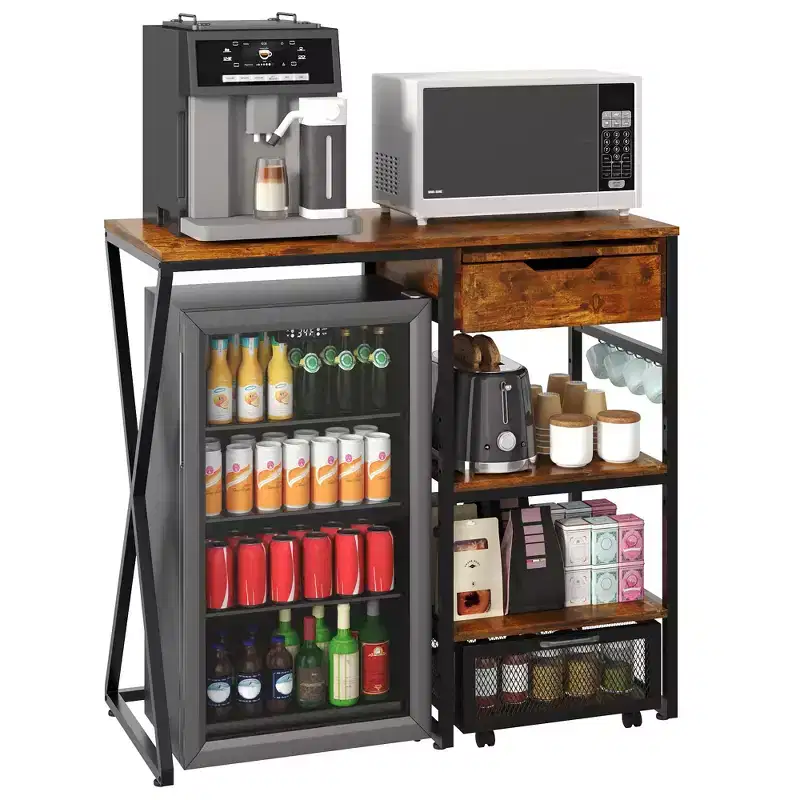 41.7in Mini Fridge Stand with Storage, 3-Tier Microwave Stand & Coffee Bar Organizer with Power Outlet, 160LBS Sturdy