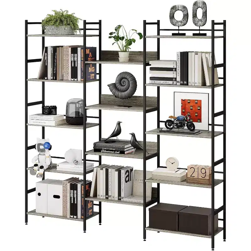 Dark Gray / Rust Brown 5-Tier Industrial Bookshelf with Open Shelves, Metal Frame, for 1