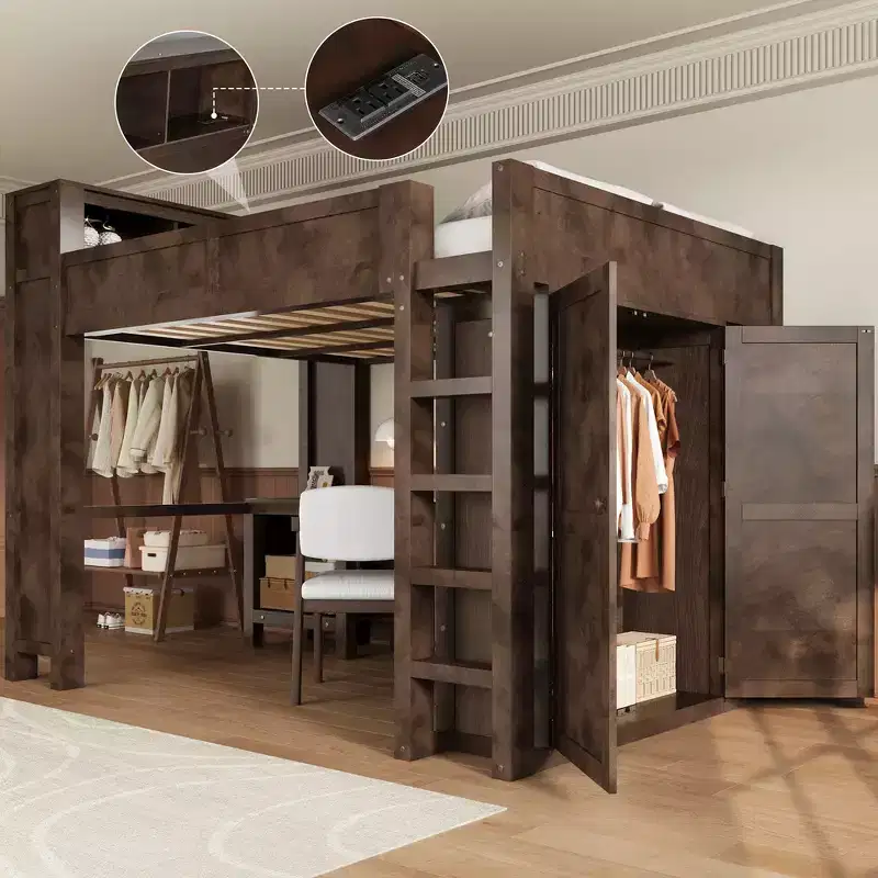Whisen Wooden Queen Loft Bed Frame with Wardrobe and Desk, Built-In Headboard with Storage