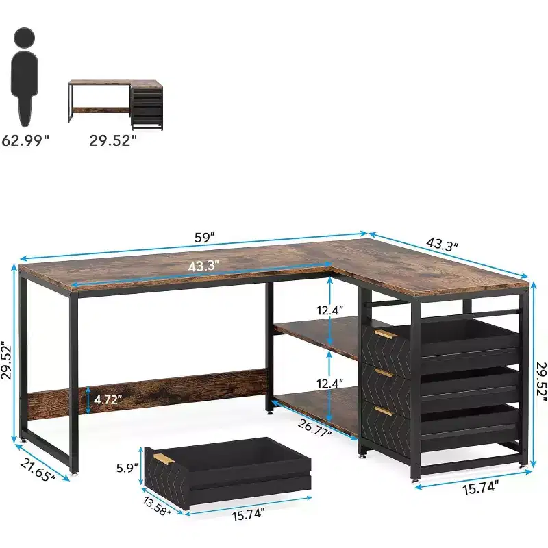 Lantine 59-Inch L-Shaped Computer Desk with Storage Drawers and Shelves, Reversible Corner Desk for Home Office, Brown