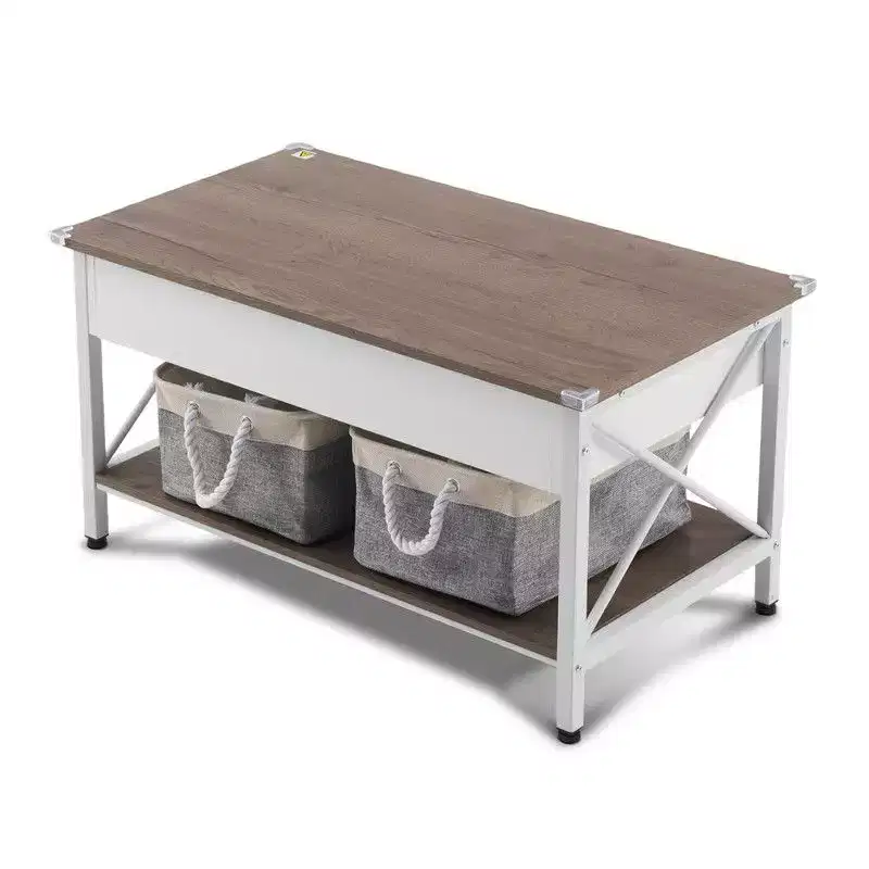Adjustable Side X-shaped Metal Frame Rectangular P2 Board Brown Panel White Wood Grain Side Panel Coffee Table