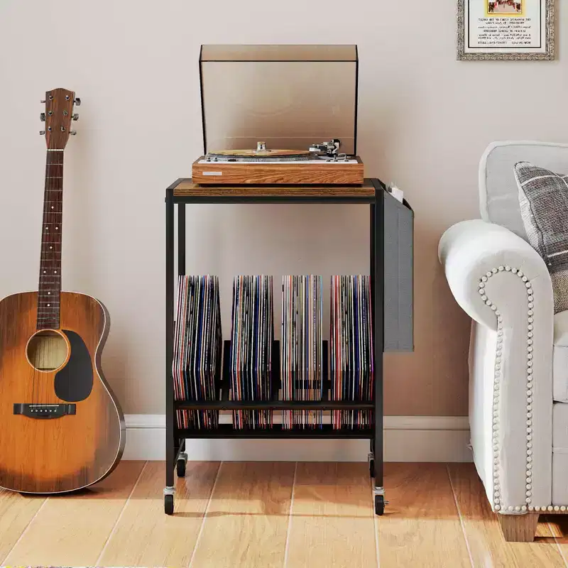 Record Player Stand with Vinyl Record Storage and Side Storage Pouch, Swivel Wheels