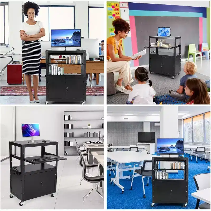 Av Cart with Lockable Cabinet, Height Adjustable 24-42, Non-Slip Mat, 100 Lbs Capacity