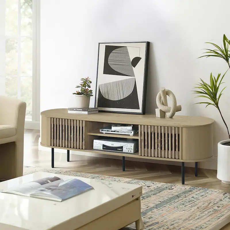 Natural / Walnut 2-Shelf TV Console with Sliding Doors