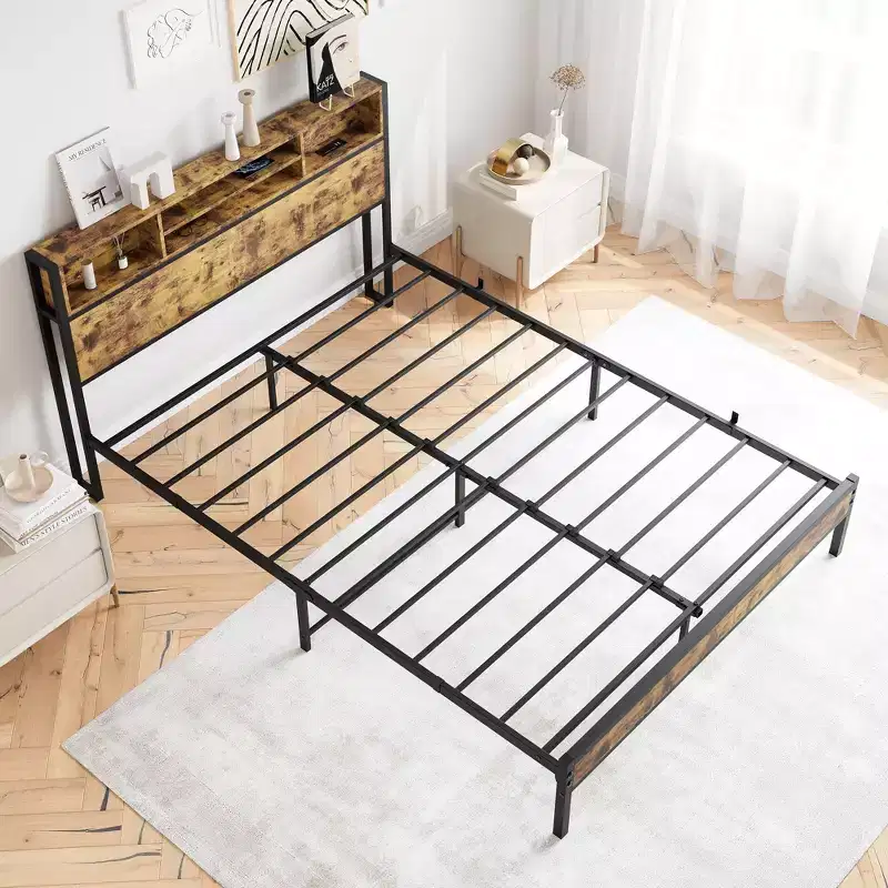 Queen Metal Bed Frame: Storage Headboard, Charging Station, Bookcase, No Box Spring, Easy Assembly, Black