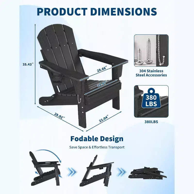 Folding Adirondack Chairs, All-Weather HDPE Outdoor Chairs with Cup Holders & Wood Texture for Patio, Fire Pit & Garden