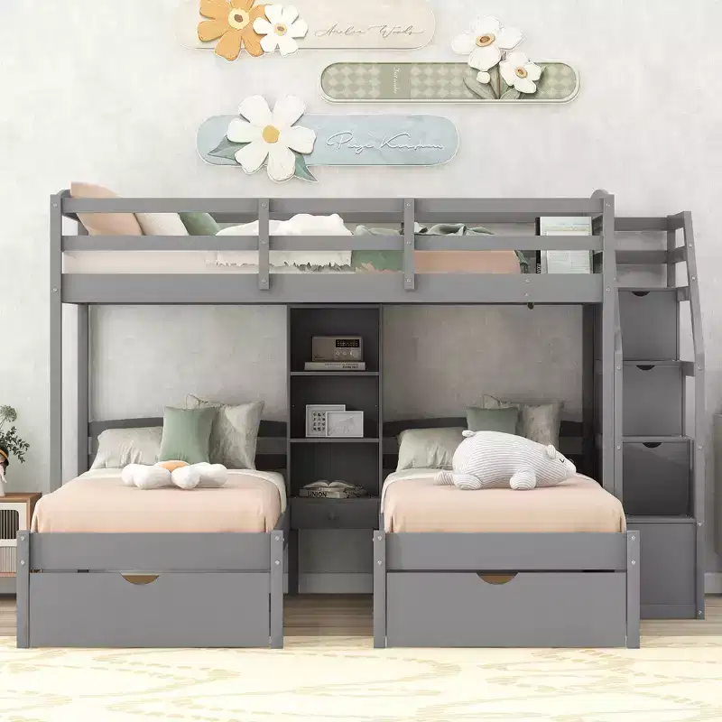Whisen Twin over Twin & Twin Bunk Bed, Triple Bunk Bed with Drawers, Storage Staircase and Built-in Shelves