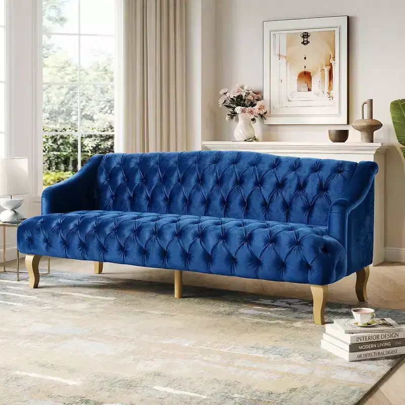 Whisen Mid-Century Modern Velvet Sofa Button Tufted 3-Seater Couch with Curved Wood Legs