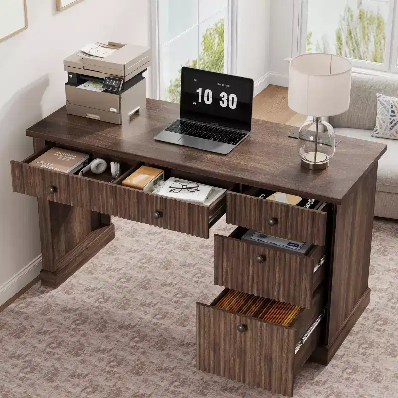 54 Executive Desk with Drawers, Fluted Home Office Desk with File Cabinet, Wooden Computer Writing Desk for Study, Conference Table for Living Room