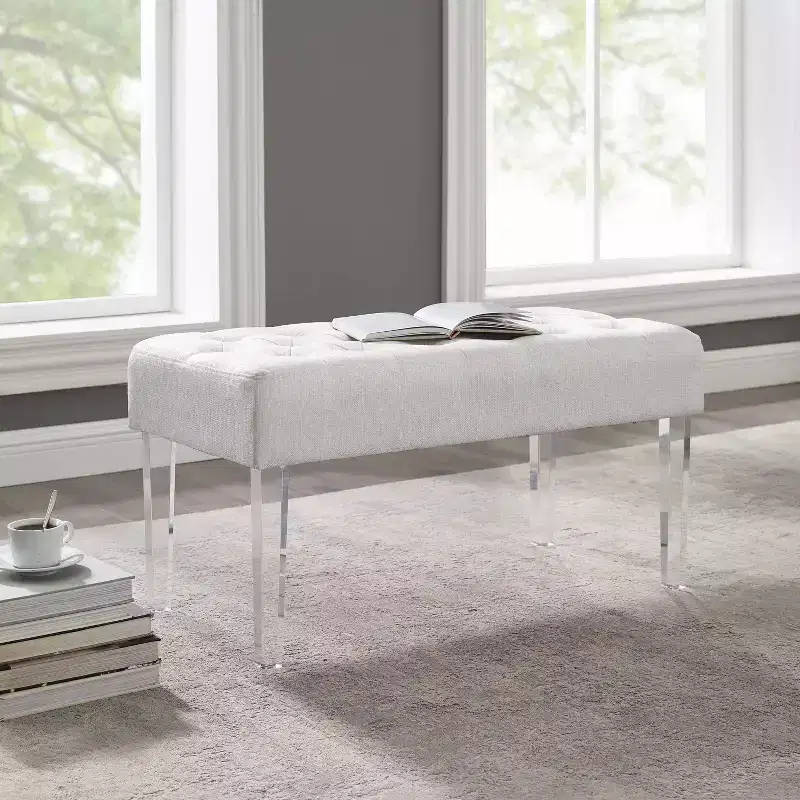 35" Ella Glam Tufted Linen Upholstered Acrylic Leg Bench Silver - Linon: Plush Ottoman, Bedroom Seating