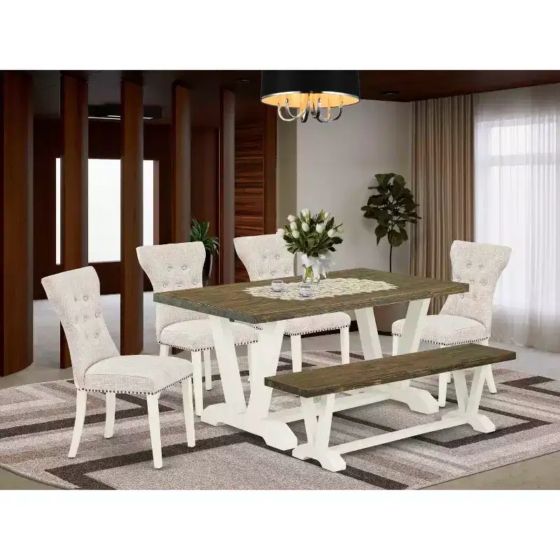 HomeStock 6-Pc Rectangle Distressed Jacobean Finish Solid Wood Top Dining Table with 1-Bench, 4-Chairs