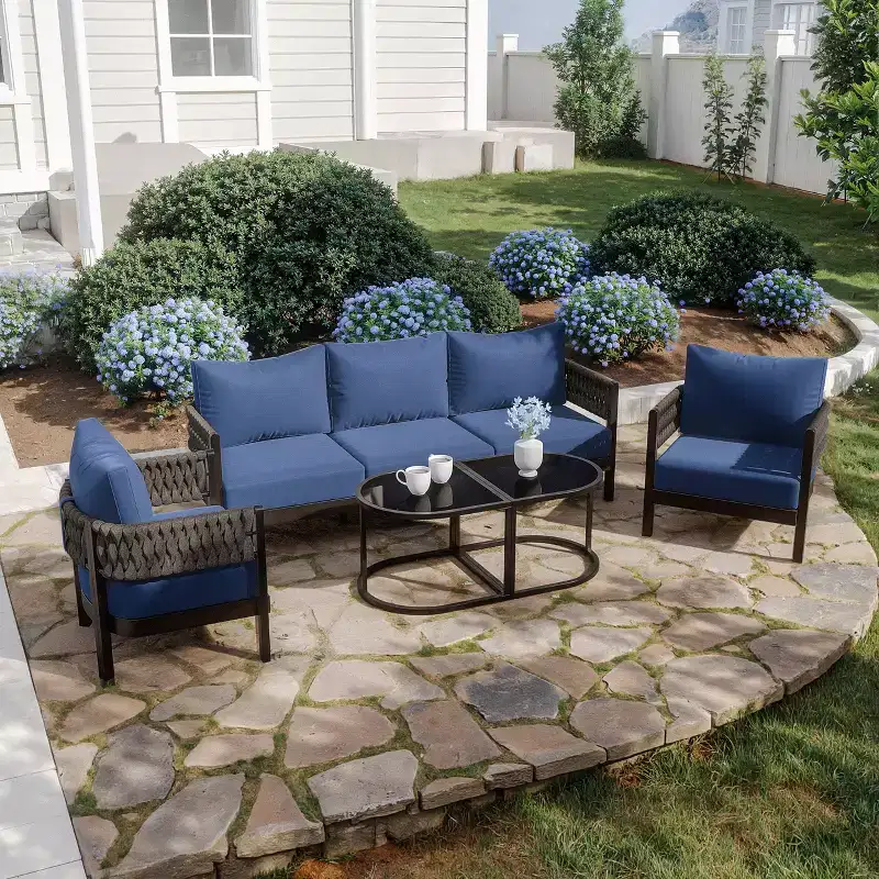 ALAULM 5PCS Outdoor Patio Sofa Set w/Modular Coffee Table, Waterproof Removable 6 Cushions, All-Weather Use, for Lawn, Garden, backyard, Navy Blue