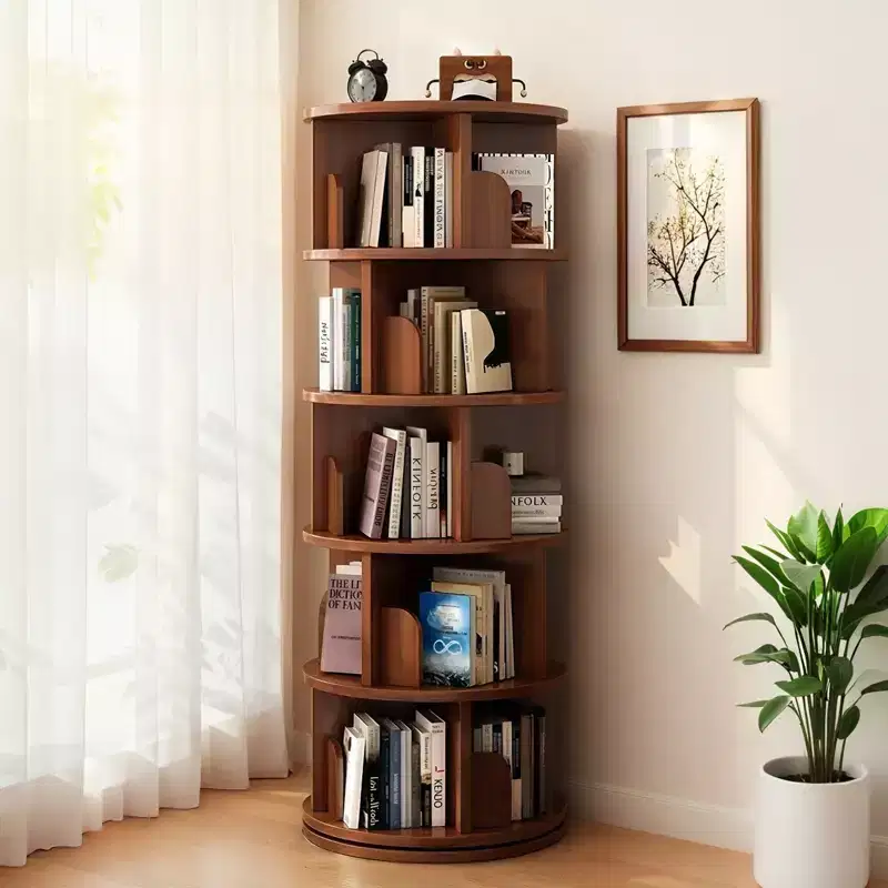 5 Tier 360 Rotating Bookshelf,Walnut Round Spinning Tower, Thickened Anti-Wobble Base, Open Easy-Access Shelving, Space-Saving for Small Corners
