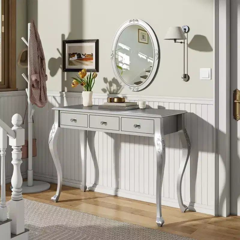 Vintage Makeup Vanity Desk with Oval Mirror, 3 Drawers for Bedroom or Entryway, Gold Finish, Space-Saving Design