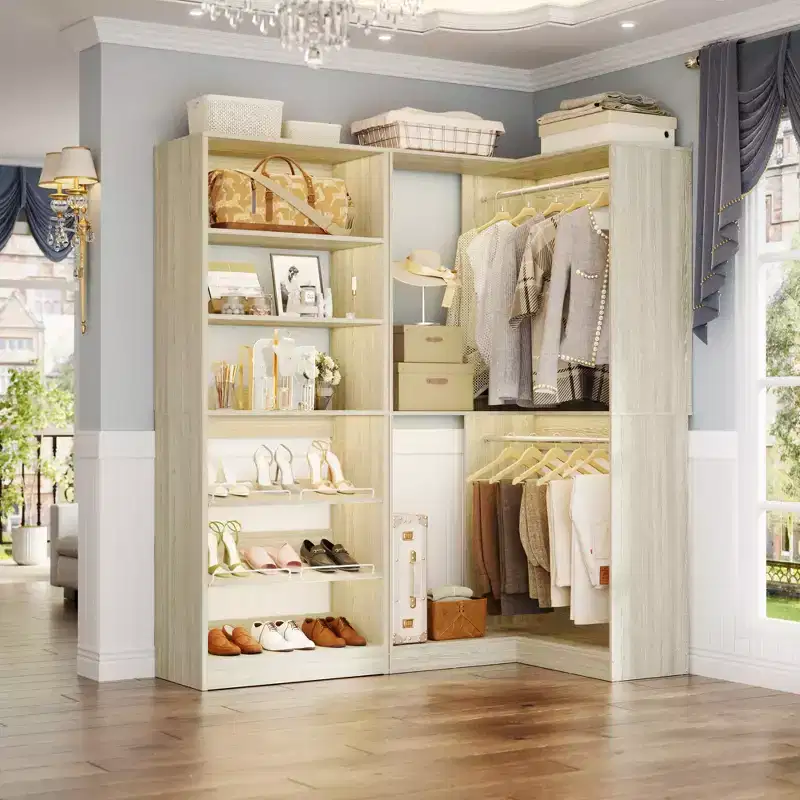 Besiost Corner Closet Organizer with 2 Hanging Rods, Walk-In Closet System with Shoe Rack