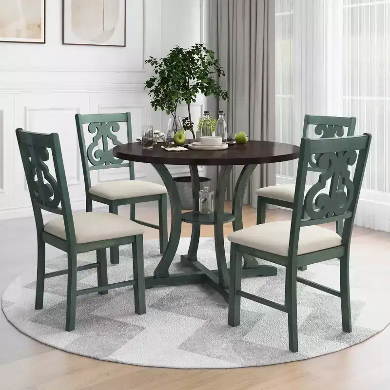 Whisen 5-Piece Retro Round Dining Table Set with 4 Chair and Special-shaped Legs