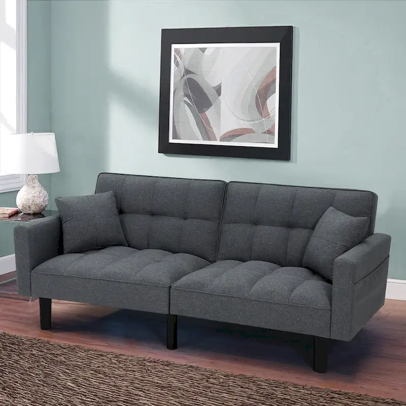 AVAWING 74 Modern Tufted Convertible Futon Sofa Bed with 2 Pillows