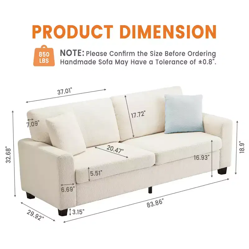 83 Inch Modern Sofa, 3 Seat Couch With Wide Armrests, Deep Seat Couch, Comfy Upholstered Sofa for Living Room, Bedroom, Office