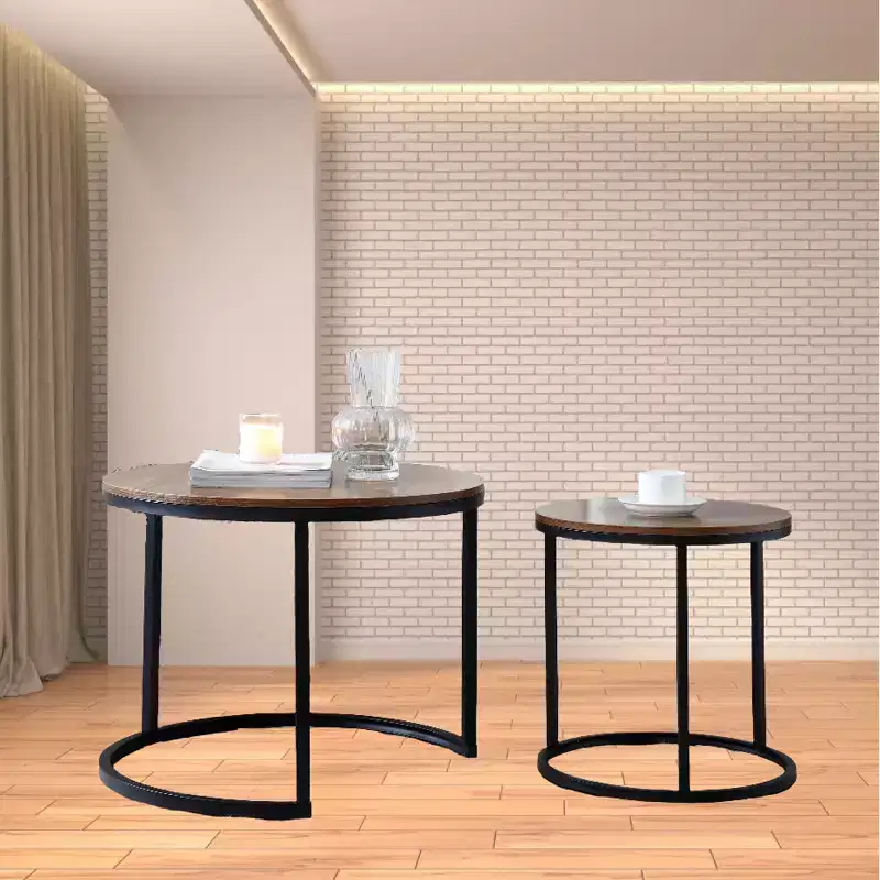 Round Nesting Table Set of 2, Removable Modern Side Table with Wooden Tabletop & Metal Frame, Industrial Stacking Side Table for Living Room