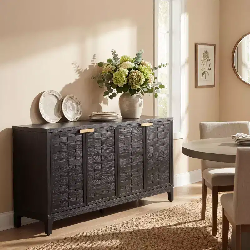 Mid-Century Modern 3D Woven 4-Door Sideboard Cabinet