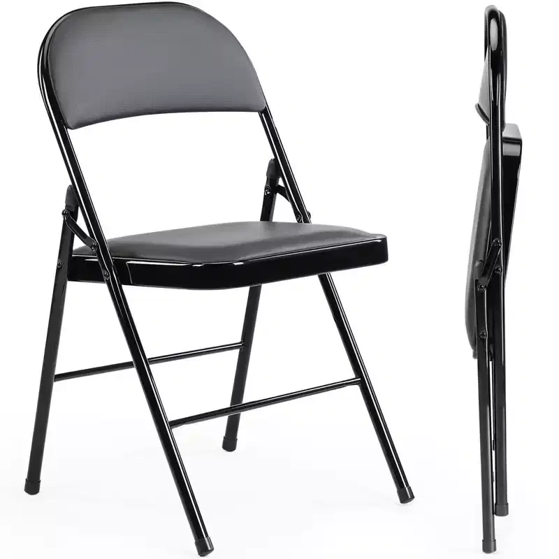 2-Pack PU Leather Metal Frame Folding Chair, Black