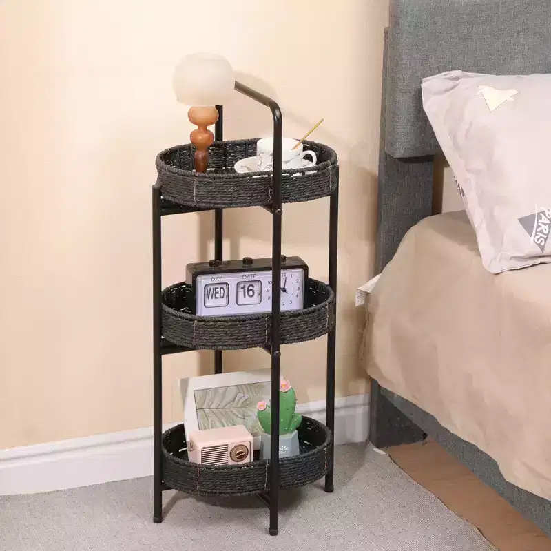 MAYEERTY 3 Tier Paper Rope Woven Tray Table Oval Storage Basket Shelves for Living Room Kitchen Black