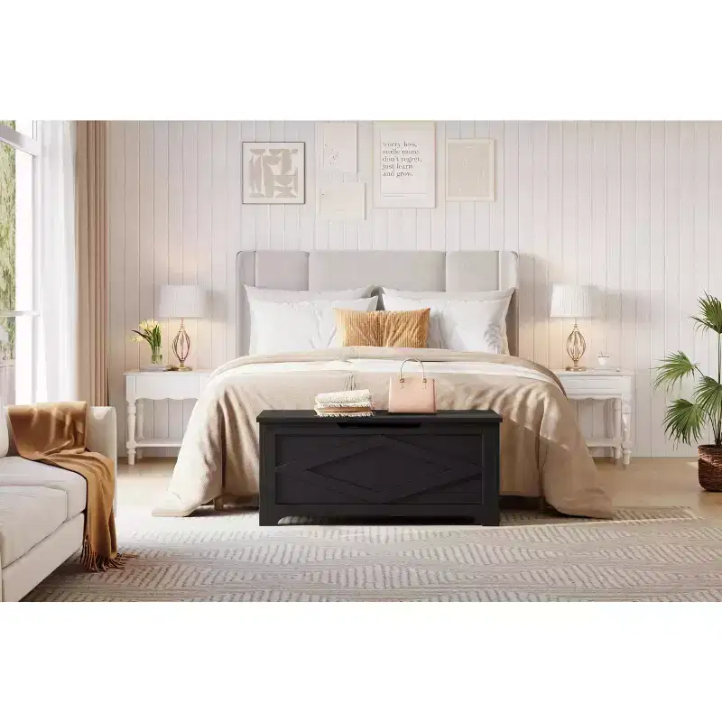 Storage Chest, Storage Bench with Safety Hinge, Farmhouse Style Wooden Trunk for Entryway, Bedroom, Living Room