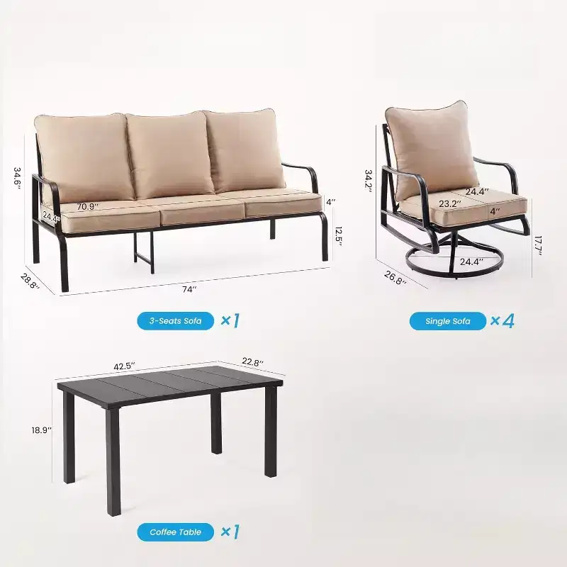 NAYSAYE Patio Chaise Lounges Outdoor Metal Conversation Set with Swivel Chairs for Garden Relaxation, Beige, 74*34*28