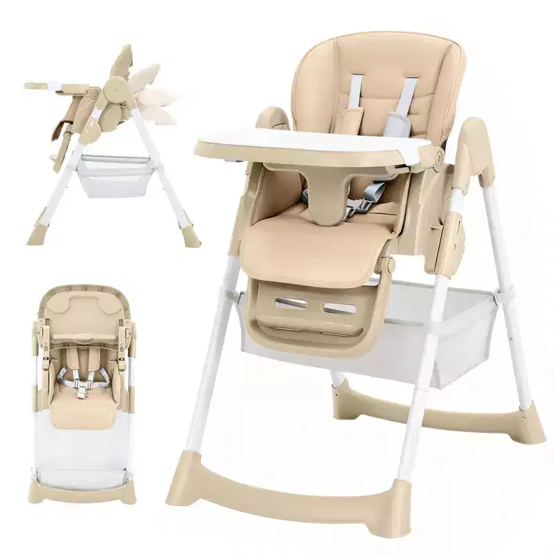 Foldable High Chair for Babies&Toddlers,PU Leather Highchair with Adjustable Backrest,Seat Height,Removable Tray,5-Point Safety Harness&Locking Wheels