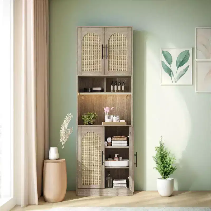 71 Inch Tall Kitchen Pantry Storage Cabinet with Mircowave Stand & Led Light, Farmhouse Rattan Hutch Cabinet for Dining Room, Living Room, Apartments