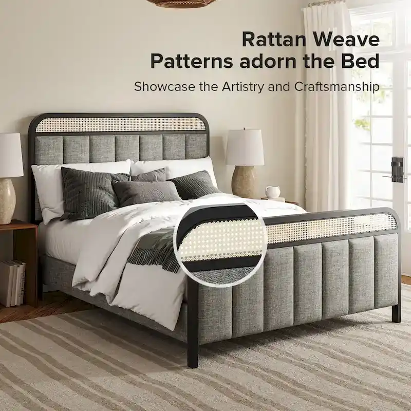 Alphons Modern Solid Wood Frame Ratten Bed with LED Headboard by HULALA HOME