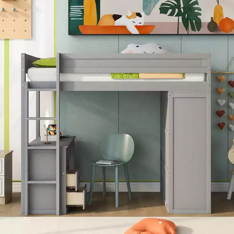 Loft Bed with Wardrobes and 2-Drawer Desk with Cabinet
