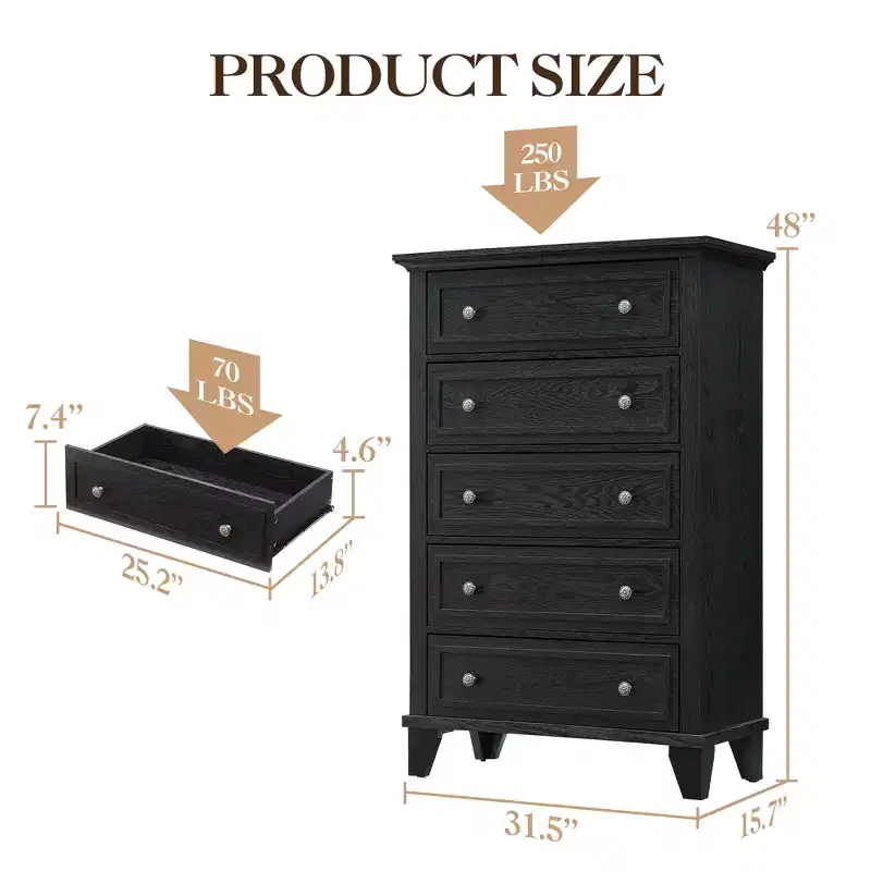 5 Drawer Dresser, Modern Chest of Drawers, 31.5In Wide Storage Tower, Tall Organizer Storage Dresser Cabinet for Nursery Bedroom Entryway Hallway