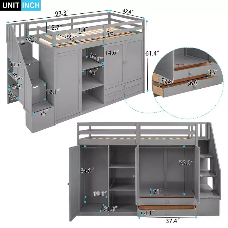 Twin Size Functional Loft Bed with Wardrobes and Shelves, Wood Loft Bed Frame with Storage Stairway ans 2 Drawers