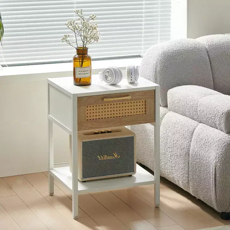 Mayeerty 15.74 Rattan End table with drawer, Modern nightstand, metal legs,side table for living room, bedroom, White