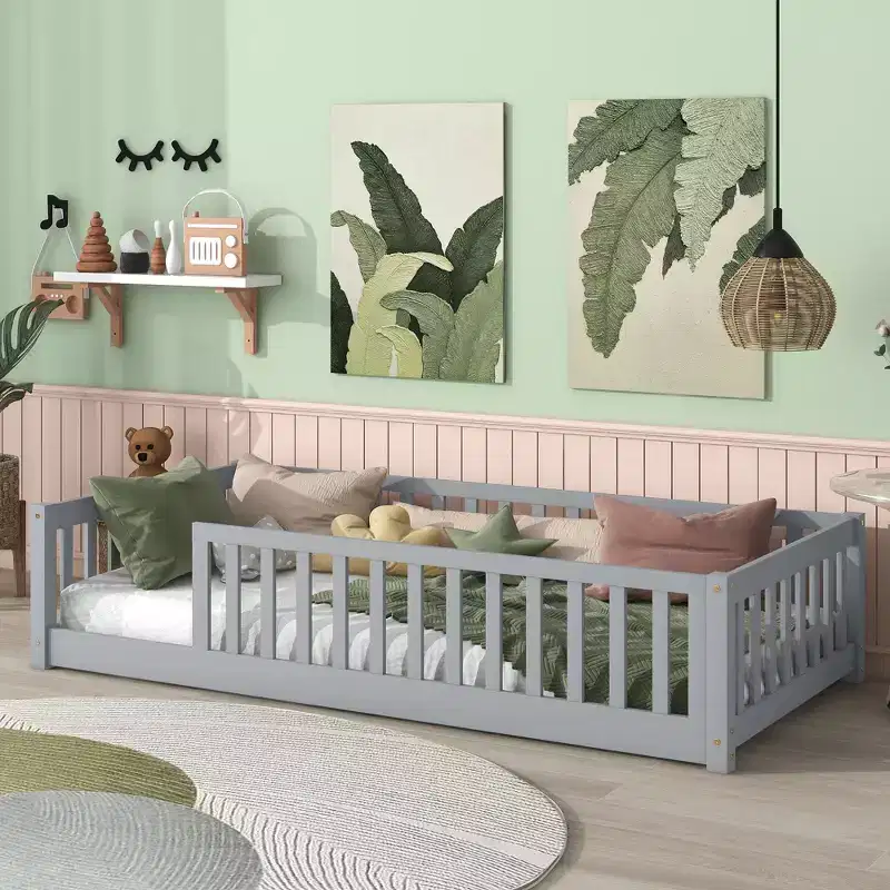 MAYEERTY Twin Floor Bed with Fence without Door, Rubber Wood Floor Guardrails Gray