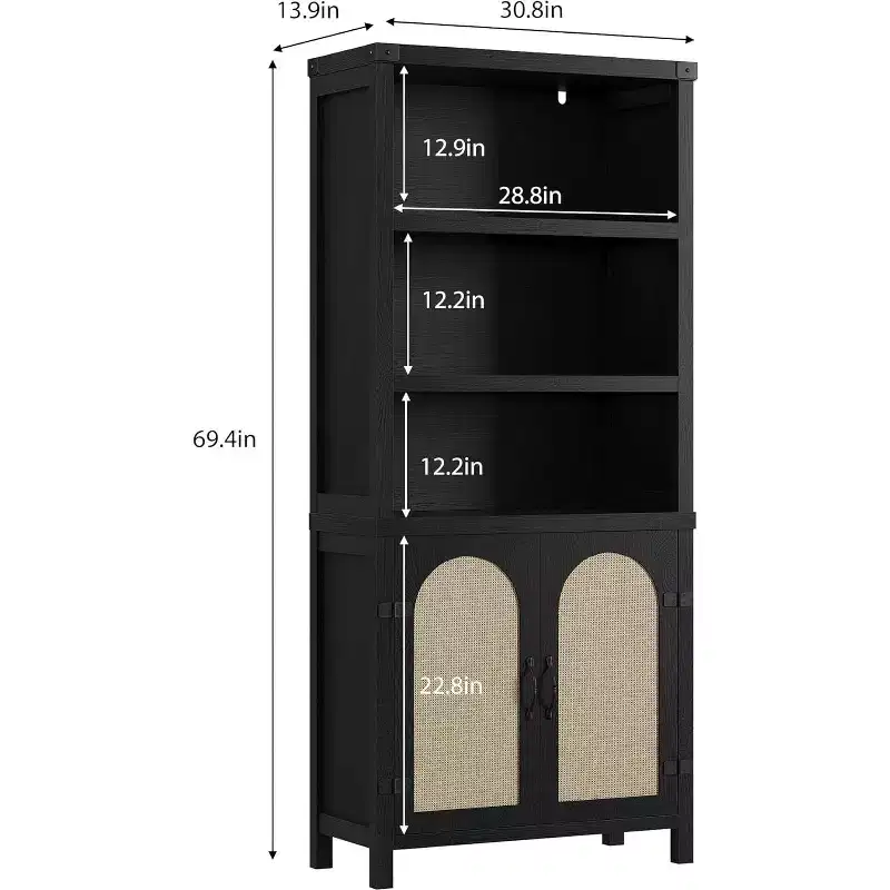 70 Farmhouse Bookshelf with Rattan Doors, 3-Tier Open Shelves & Cabinet, Black Wood Bookcase for Living Room, Office & Bedroom
