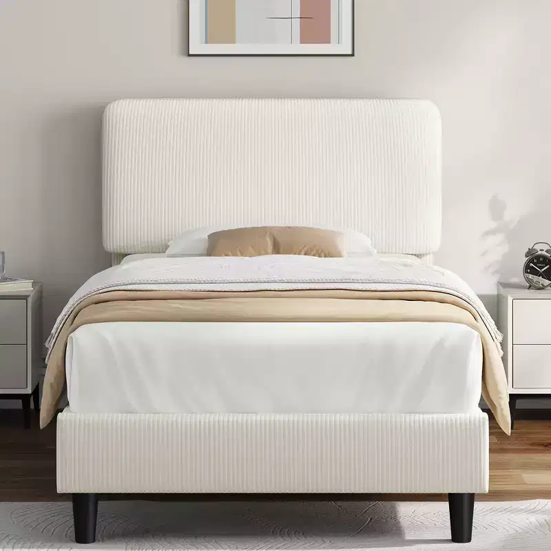 Upholstered Bed Frame with Adjustable Headboard and Mattress Foundation with Wooden Slat Support