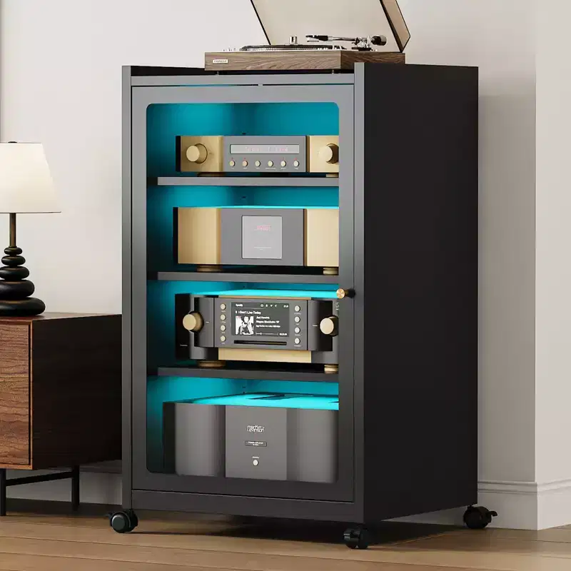 Media Cabinet with LED Light, Metal Storage Cabinet with Glass Door & Adjustable Shelves, Modern TV Stand for Living Room, Gaming & Office