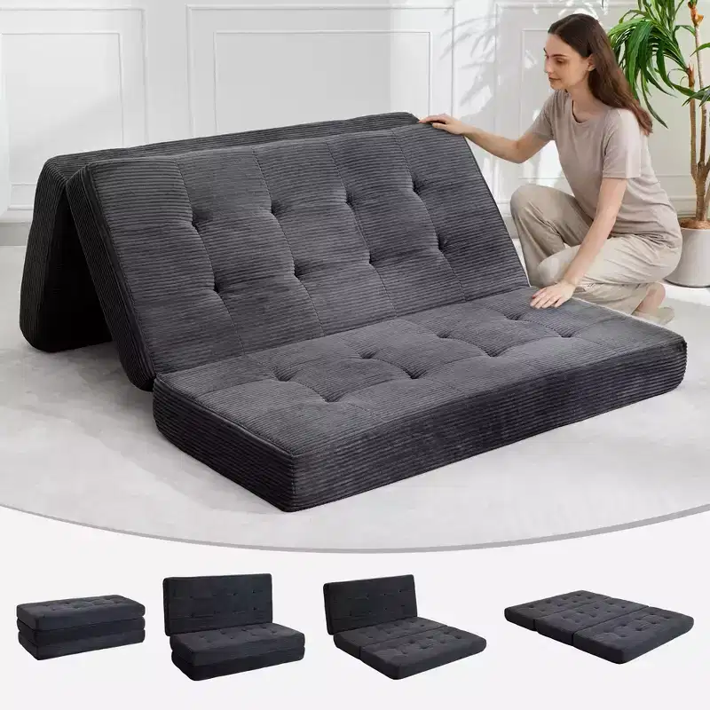6 Inch Tri-Fold Mattress Tufted Queen Floor Sofa Bed, Collapsible Bed with High-Density Support Foam