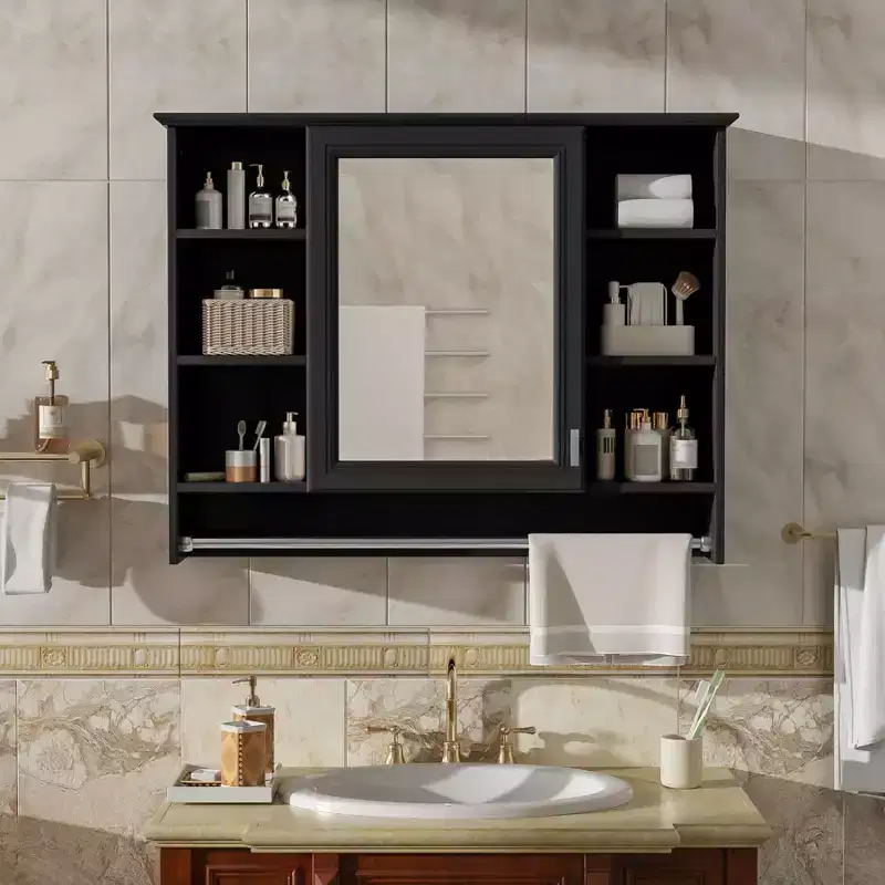 36 Inch Bathroom Wall Cabinet, Wall Mounted Medicine Cabinet with Towel Rack & Open Shelves, Over Toilet Floating Storage Cabinet for Bathroom