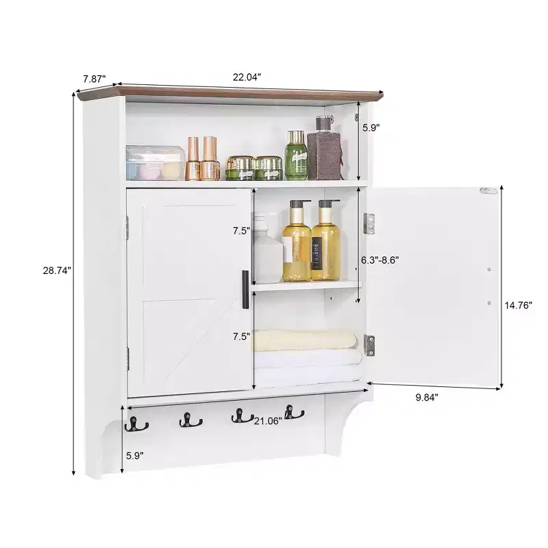 Wall-Mounted Bathroom Cabinet with Adjustable Shelves & Hooks, Space-Saving Storage, White