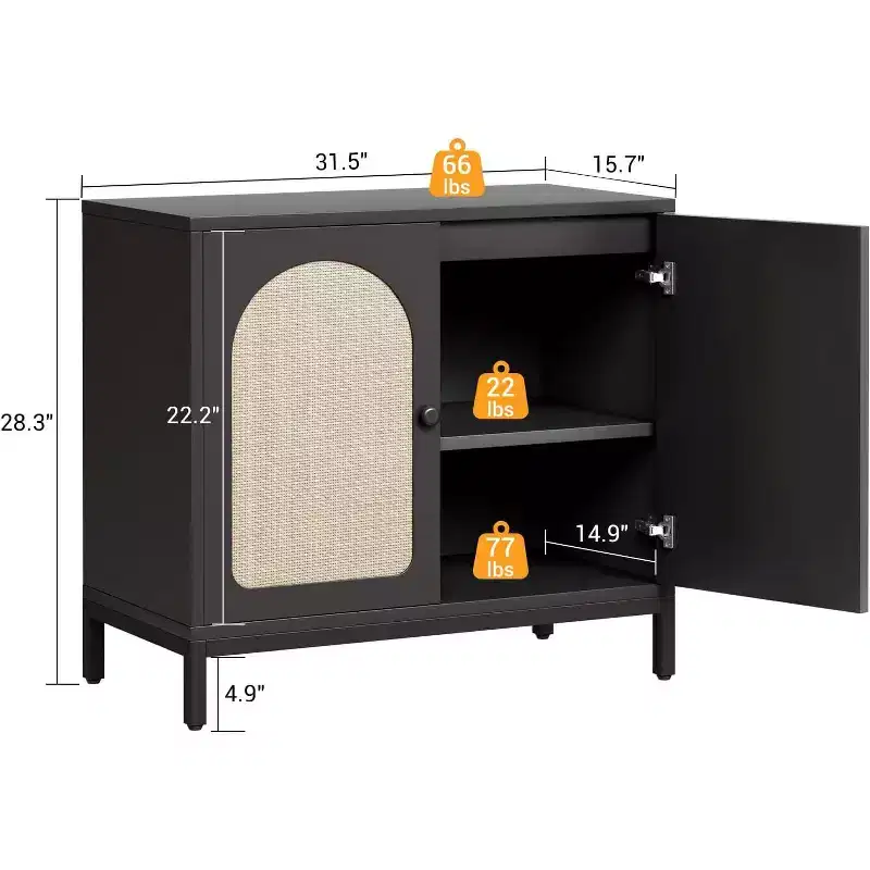 Black Rattan Sideboard, Adjustable Shelf Kitchen Storage Cabinet